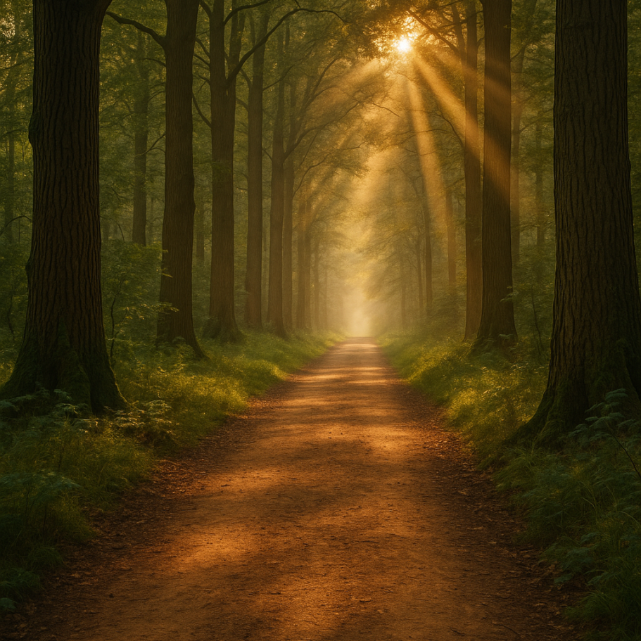 Der Weg - Aufbruch, Bewusstsein & Erwachen Ein sonnendurchfluteter Waldpfad symbolisiert Aufbruch, Bewusstseinsweg und spirituelles Erwachen