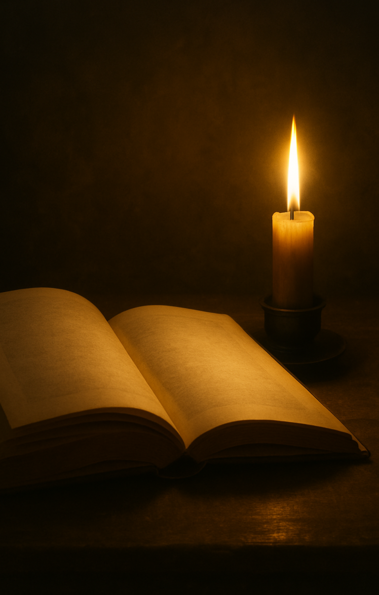 Hokamo'ok - Worte die wirken. Geschichten, die schwingen. Ein geöffnetes Notizbuch, eine brennende Kerze im warmen Licht - Symbol für Stille, Inspiration und Resonanz