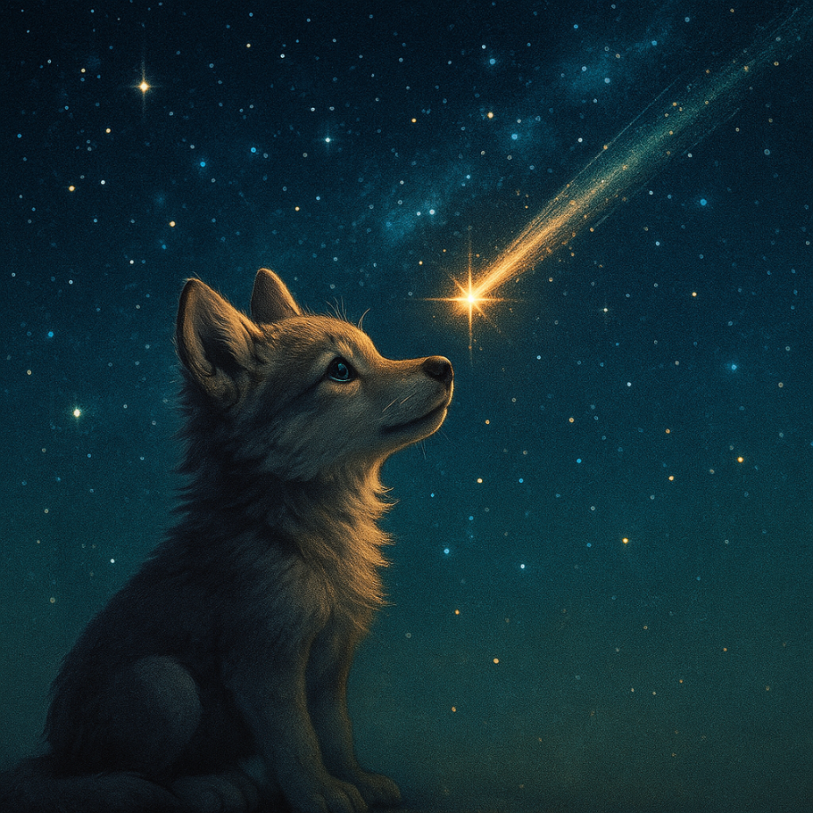 Die Stimme des Herzens - Poesie, Kindsein & Väterliche Resonanz Kleiner Wolf blickt zu einer Sternschnuppe am Nachthimmel - Symbol für Kindsein, Herz und innere Stimme