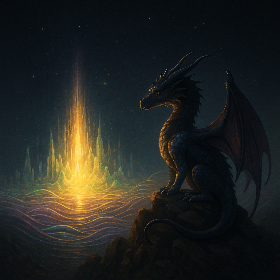 Der Klang der Welten - Mythos, Klang & Frequenzmagie Ein Drache lauscht einem leuchtenden Klangfeld - Symbol für Mythos, Magie und Frequenzen zwischen den Welten