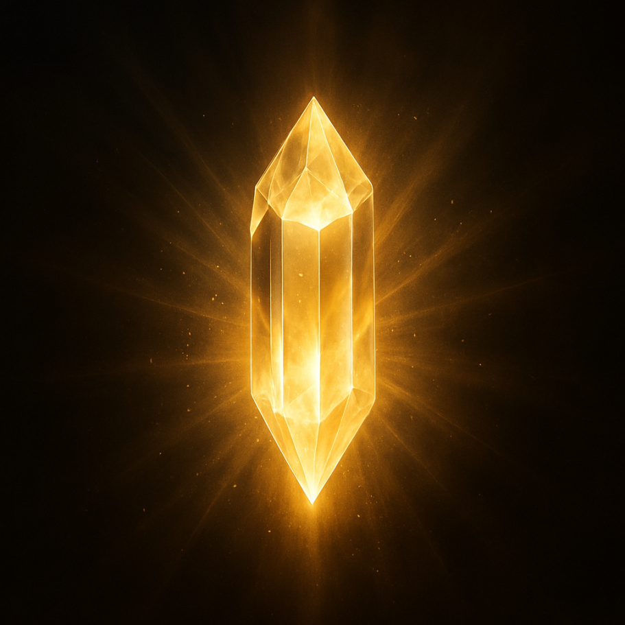 Das Licht - Heilung, Rückkehr & Frequenzkraft Ein goldener Kristall strahlt Licht - Sinnbild für Heilung, Rückkehr und die Kraft reiner Frequenz.