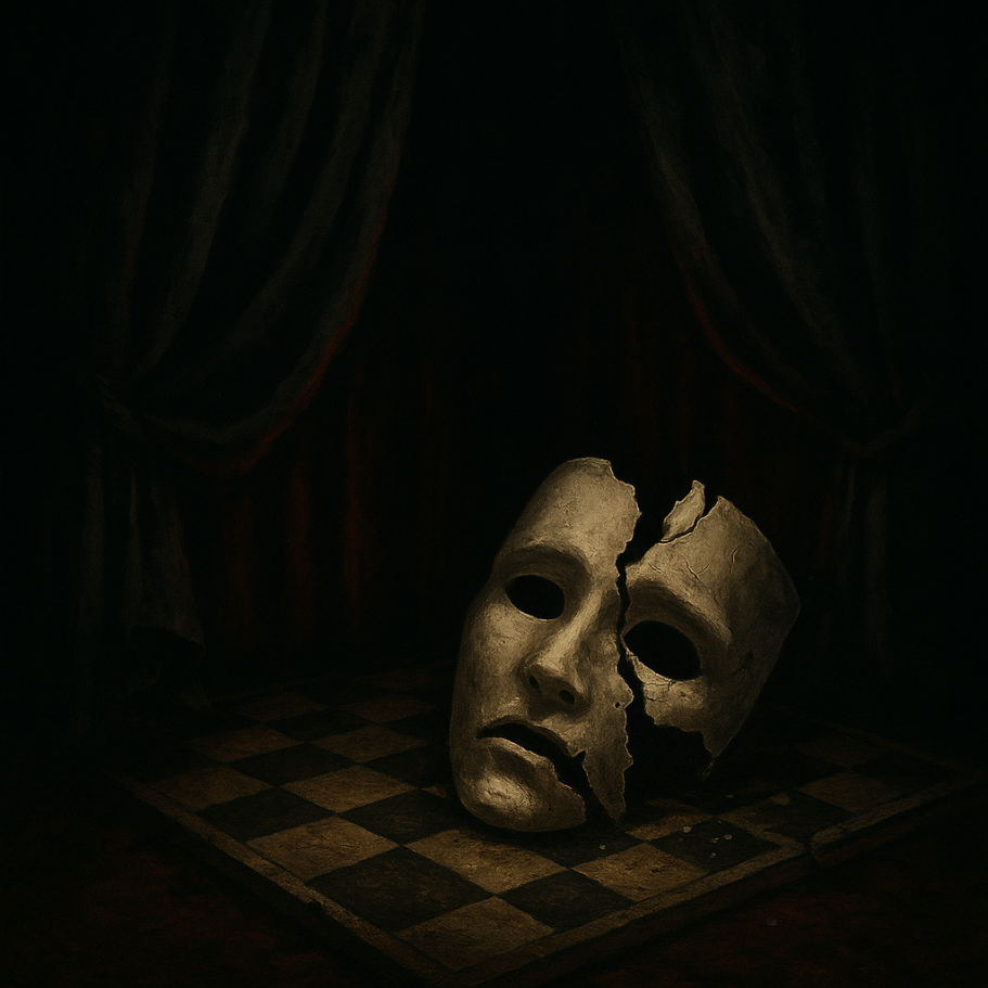 Der Schatten - Enthüllung & Resonanzbewusstsein Eine zerbrochene Maske auf einem Schachbrett symbolisiert Schattenarbeit, Wahrheit und Resonanz